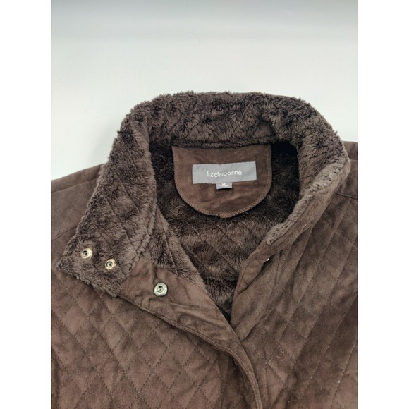 Liz Claiborne Quilted Snap Front Jacket Brown Faux Suede Lined Collar Size M - Picture 5 of 15